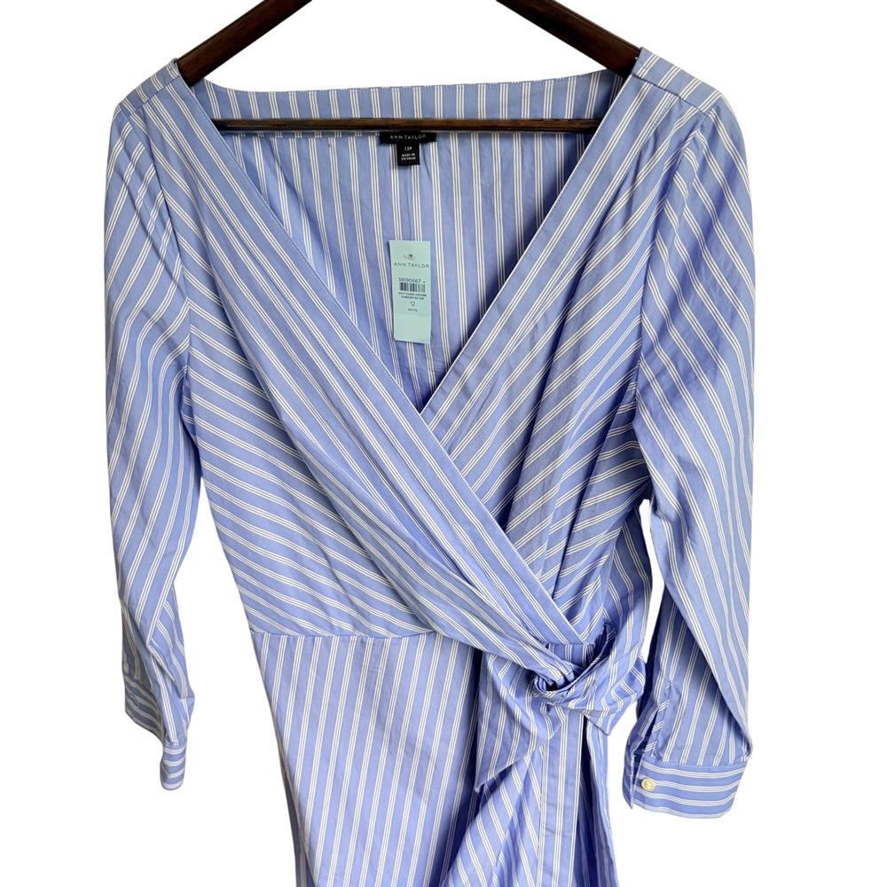 Ann Taylor NEW Striped Faux Wrap Dress 12 Petite Blue White Cotton Long Sleeve - Picture 7 of 12